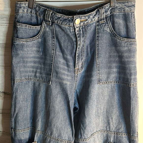 Fashion Nova cargo wide leg denim jeans sz 13 NWOT - Picture 2 of 14